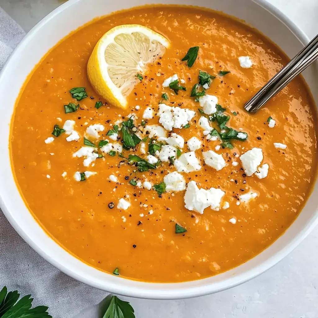A bowl of orange soup, topped with a lemon slice, fresh chopped parsley, and crumbled cheese.