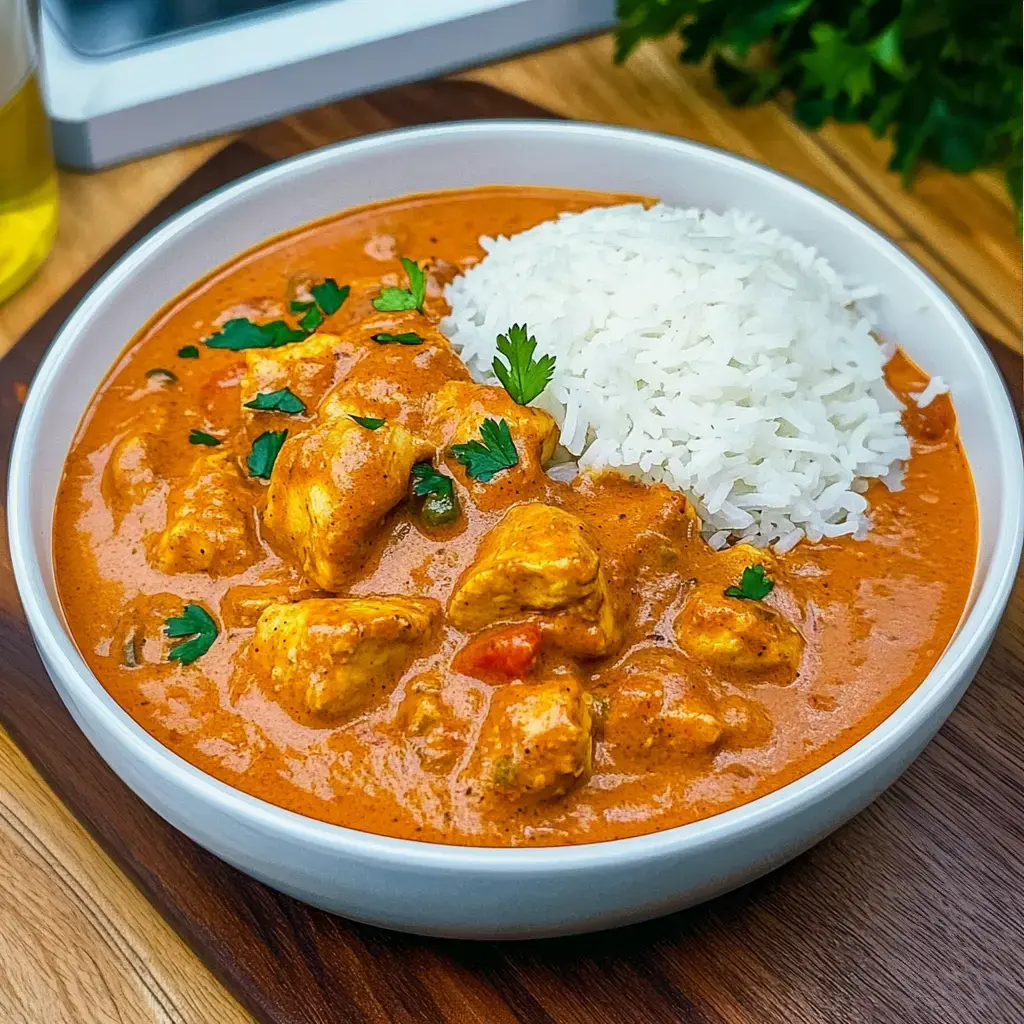 Ein Teller voll saftigem Hähnchen in cremiger Sauce, frische Kräuter obendrauf und dazu eine Portion Reis.