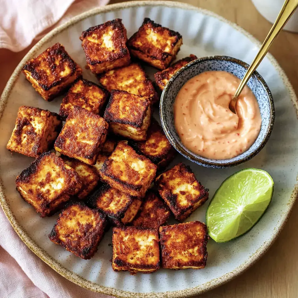 A plate of golden tofu cubes next to a spicy dip and some lime.