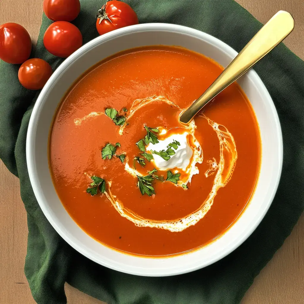 A bowl of bright tomato soup with a swirl of sour cream and a sprinkle of herbs, surrounded by cherry tomatoes.
