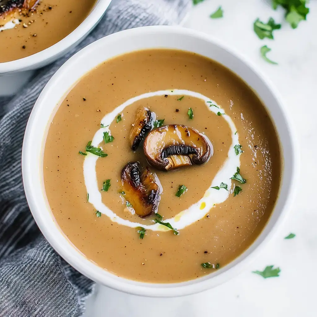 Cremige Pilzsuppe mit Sahnewirbel und gebratenen Pilzstücken. Frische Kräuter sind obendrauf.