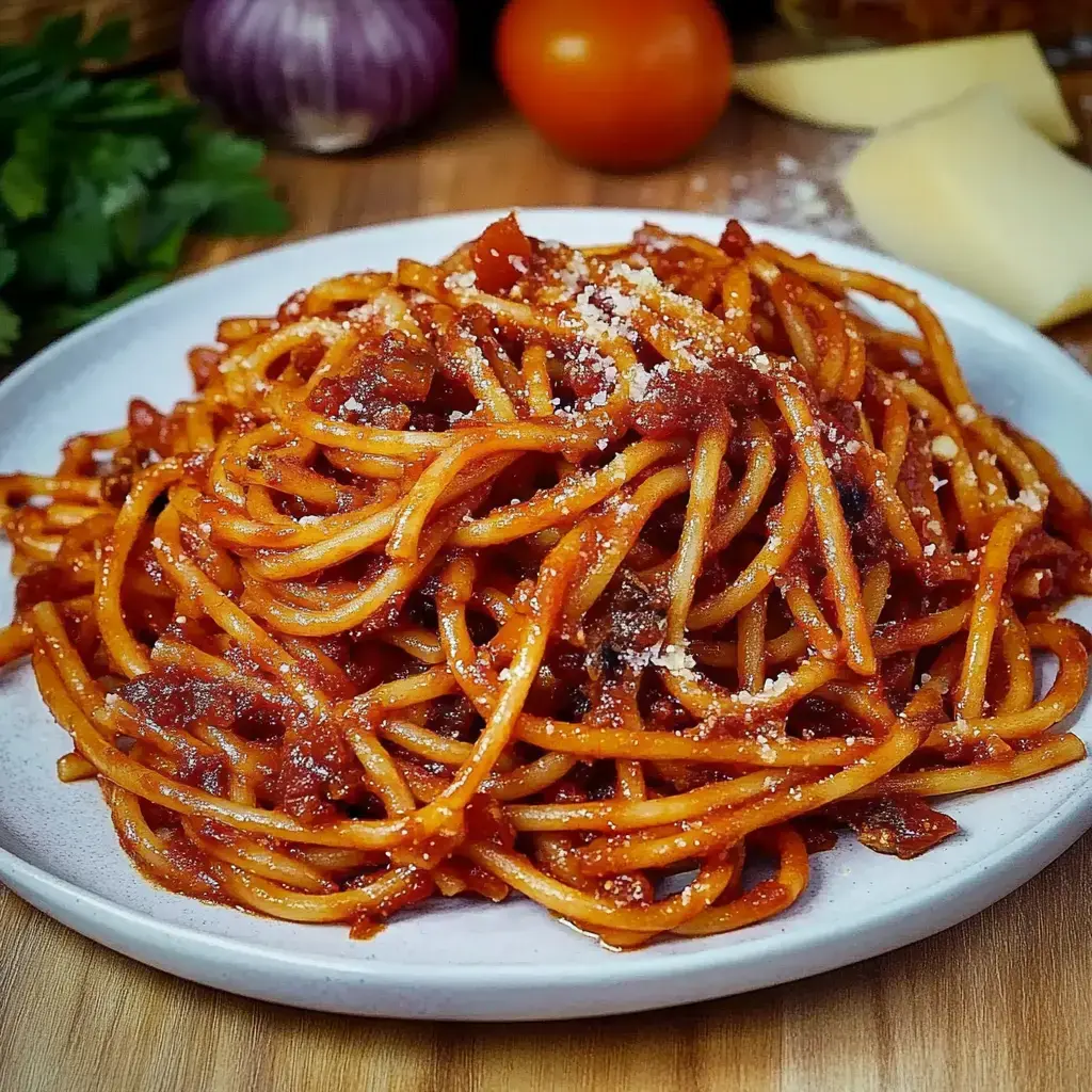 Plate of spaghetti with tomato sauce topped with parmesan, surrounded by fresh ingredients.
