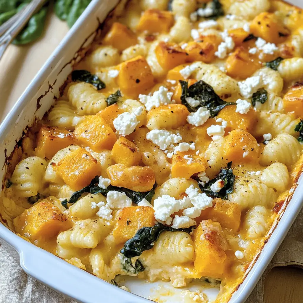 A baked dish stuffed with gnocchi, chunks of pumpkin, spinach, and a scattering of crumbled feta on top.
