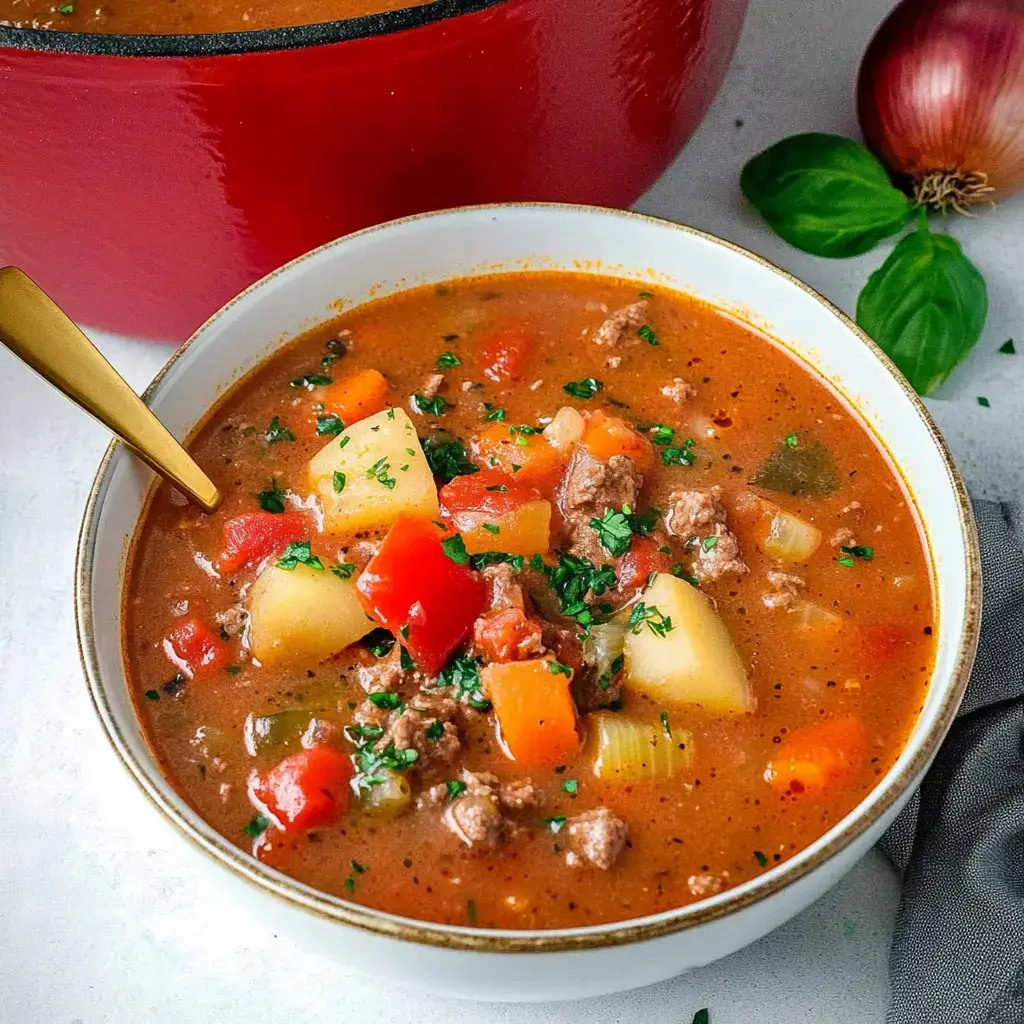 A bowl of hearty stew stuffed with chunky veggies, beef, and some fresh herbs sits next to a big pot and an onion.