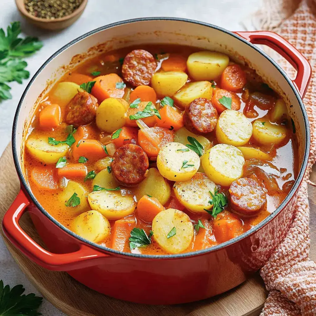 Ein bunter Eintopf aus Möhren, Kartoffeln und Wurst in einem roten Topf, garniert mit Petersilie.