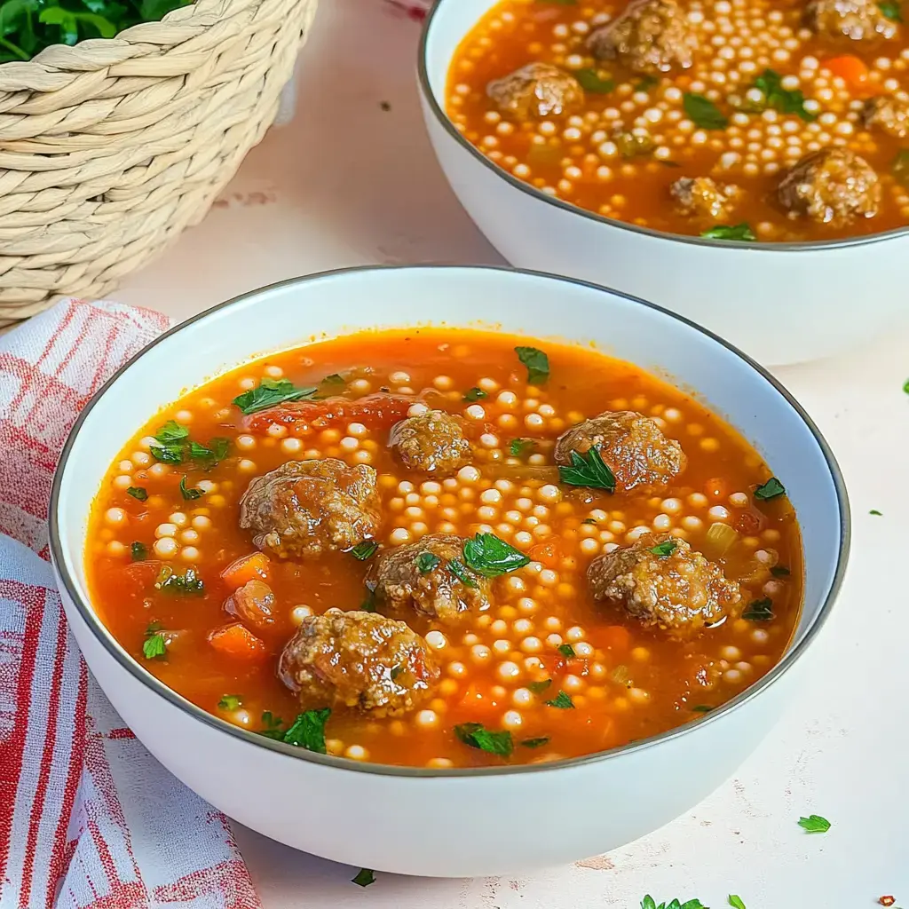 A bowl of meatball soup with tiny pasta and fresh herbs, next to a woven basket.