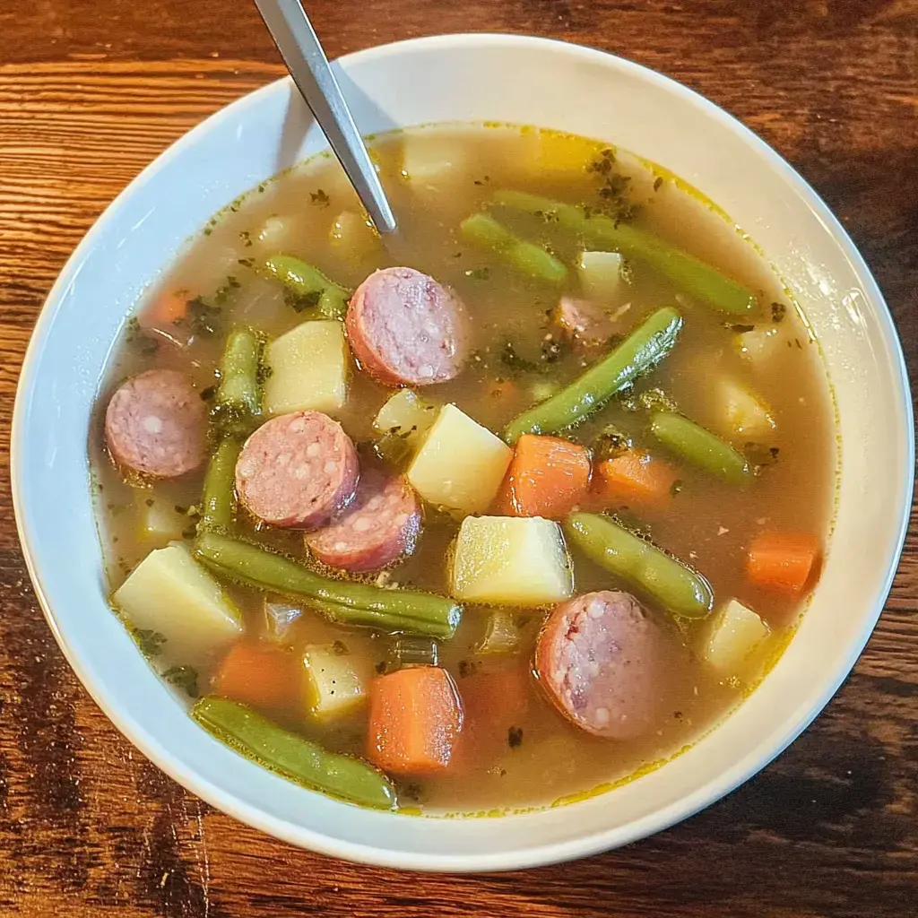 A bowl of veggie soup with sausages, green beans, carrots, and potato chunks.