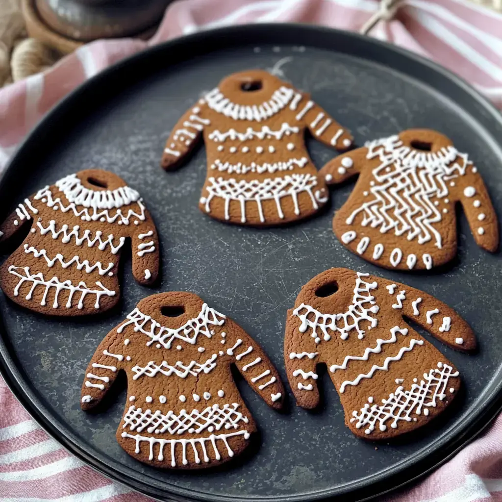Five decorated gingerbread cookies shaped like sweaters on a dark tray.