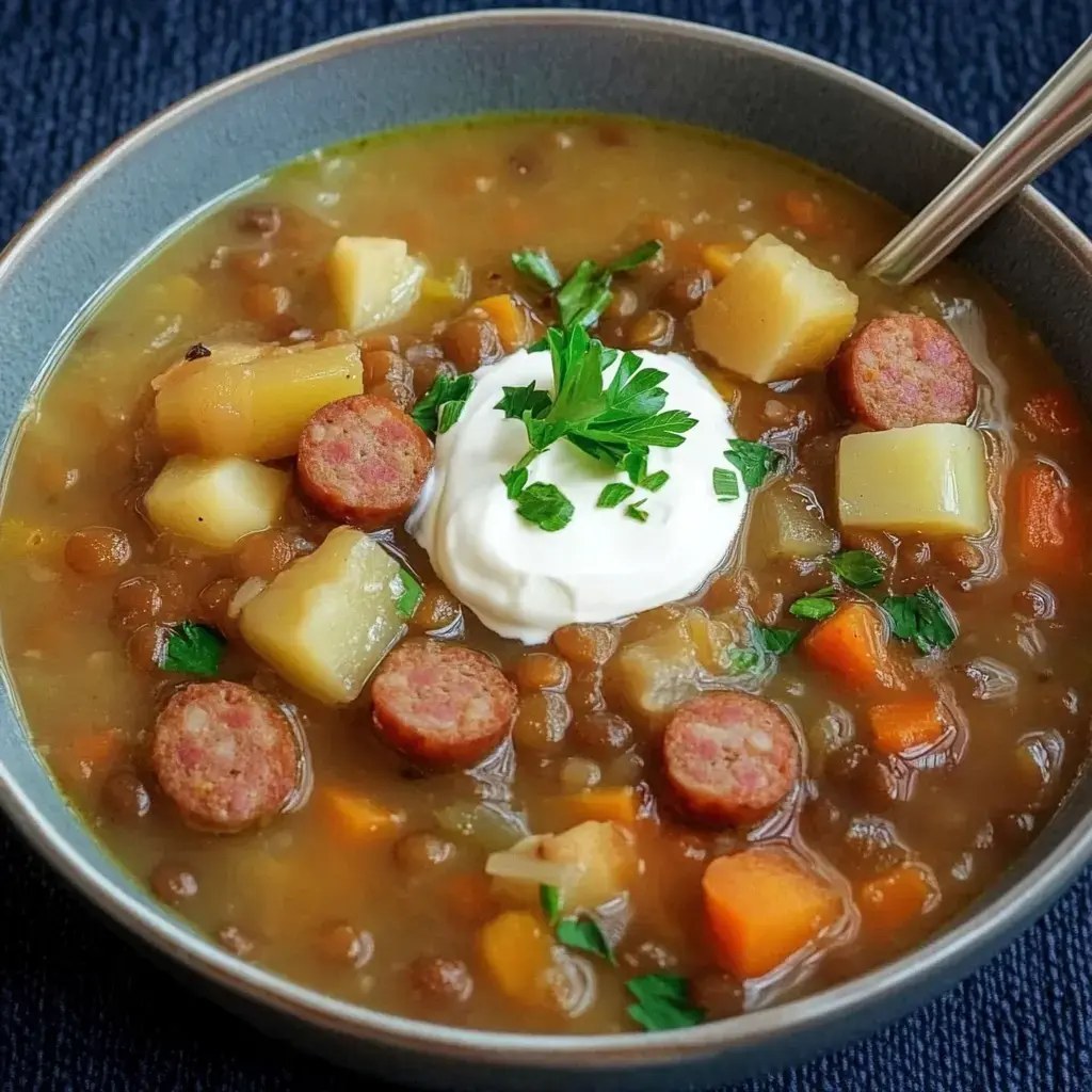 A bowl of lentil soup topped with sausage slices, potatoes, carrots, a dollop of sour cream, and fresh parsley.