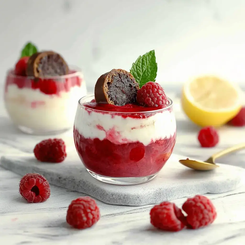 Zwei Gläser mit Schokokuss-Quark und Himbeersoße, dazu Himbeeren und Zitrone auf dem Tisch.