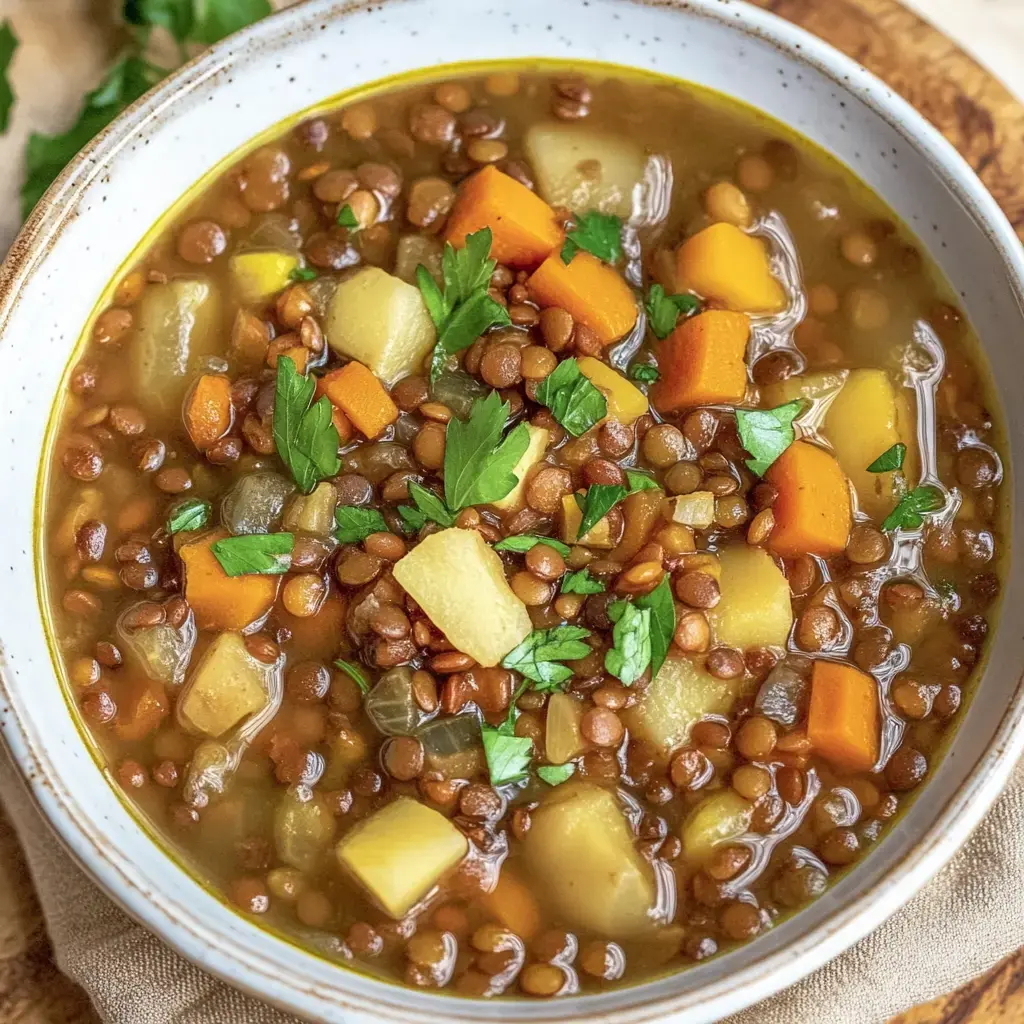 A bowl filled with lentil stew, packed with bright orange carrots, leafy greens, yellow potatoes, and earthy lentils.