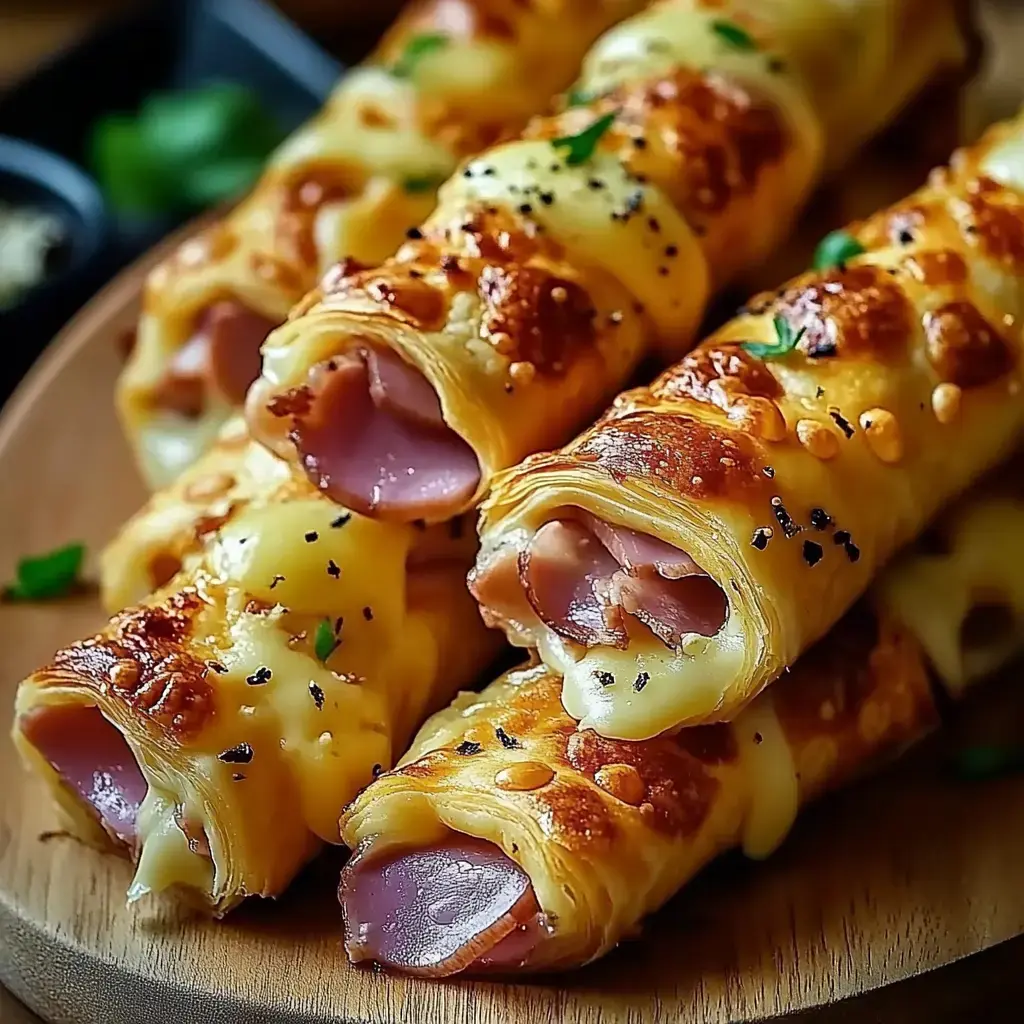 Two plates loaded with crispy pastry rolls filled with ham and gooey cheese, all set on a wooden board.