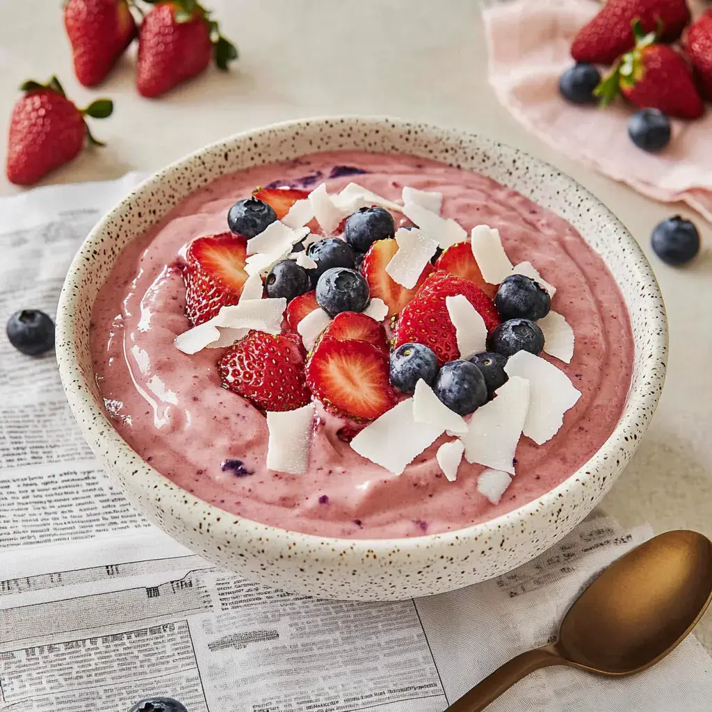 A bowl filled with thick yogurt, topped with strawberries, blueberries, and coconut flakes, sits on top of a newspaper.