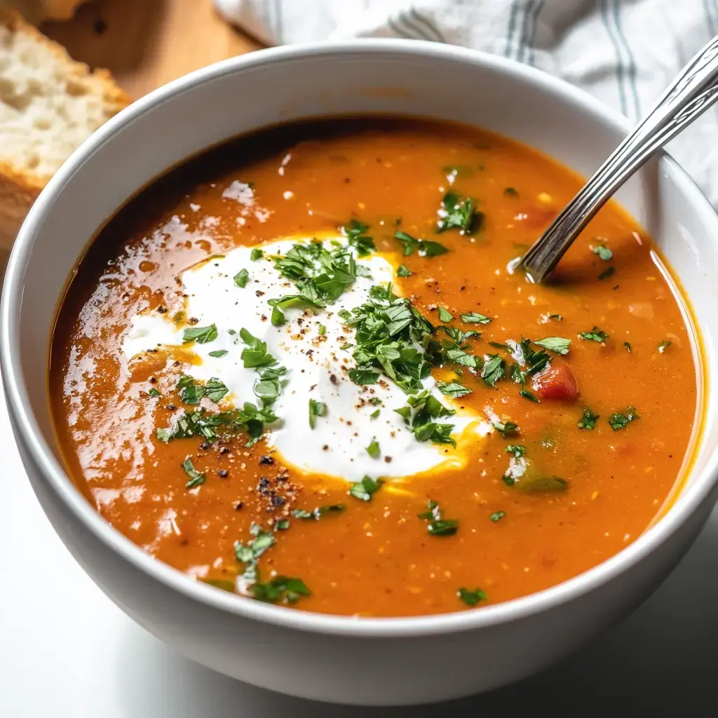 A bowl of tomato soup with some cream and fresh cilantro, with a piece of bread in the back.
