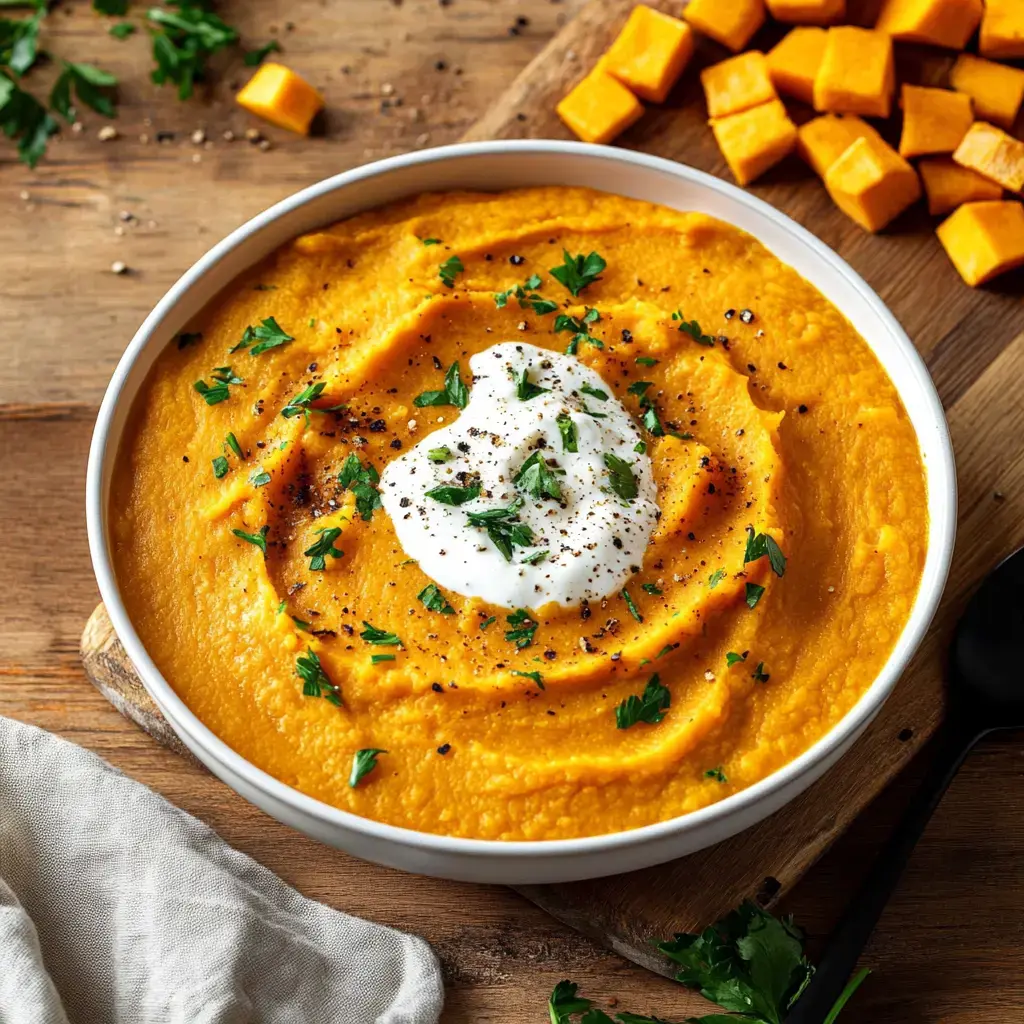 A plate of creamy pumpkin soup with a dollop of sour cream and fresh parsley. Diced pumpkin sits nearby on a rustic wooden table.