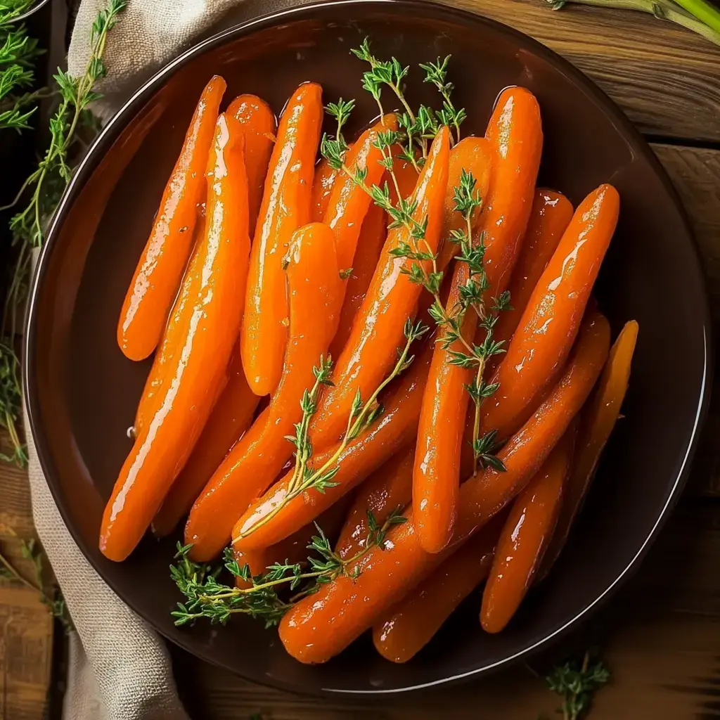A brown dish shows shiny glazed carrots with a fresh thyme garnish on top.