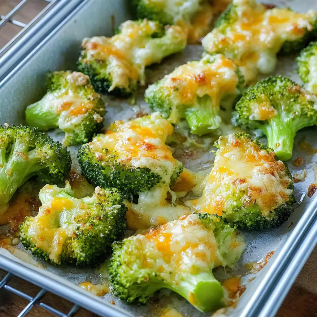 Baked broccoli with melted cheese on a baking tray.