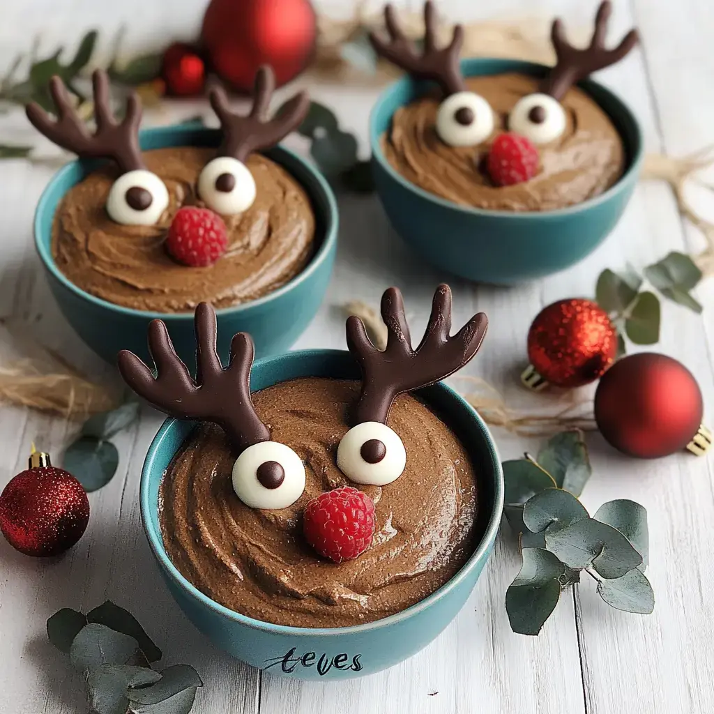 Three bowls of chocolate mousse, each dolled up with chocolate antlers, chocolate eyeballs, and a raspberry nose, plus some Christmas decor all around.