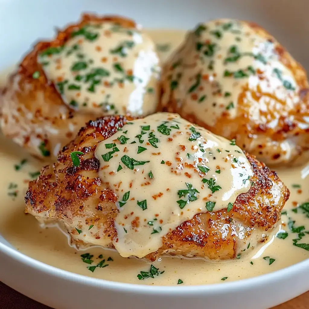Pieces of chicken in a creamy sauce with fresh herbs on top.