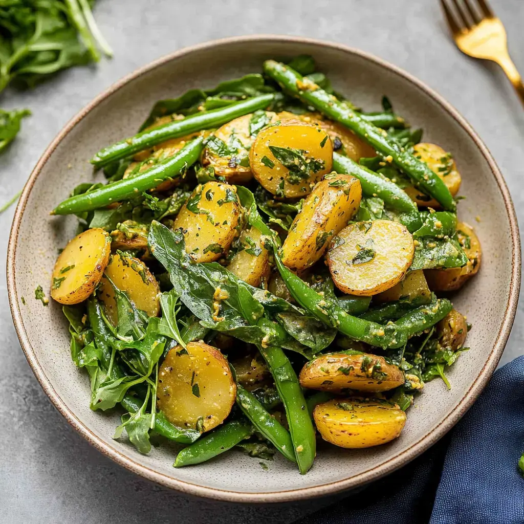 A big bowl filled with potatoes, green beans, and arugula, topped off with herbs and a bright green dressing.