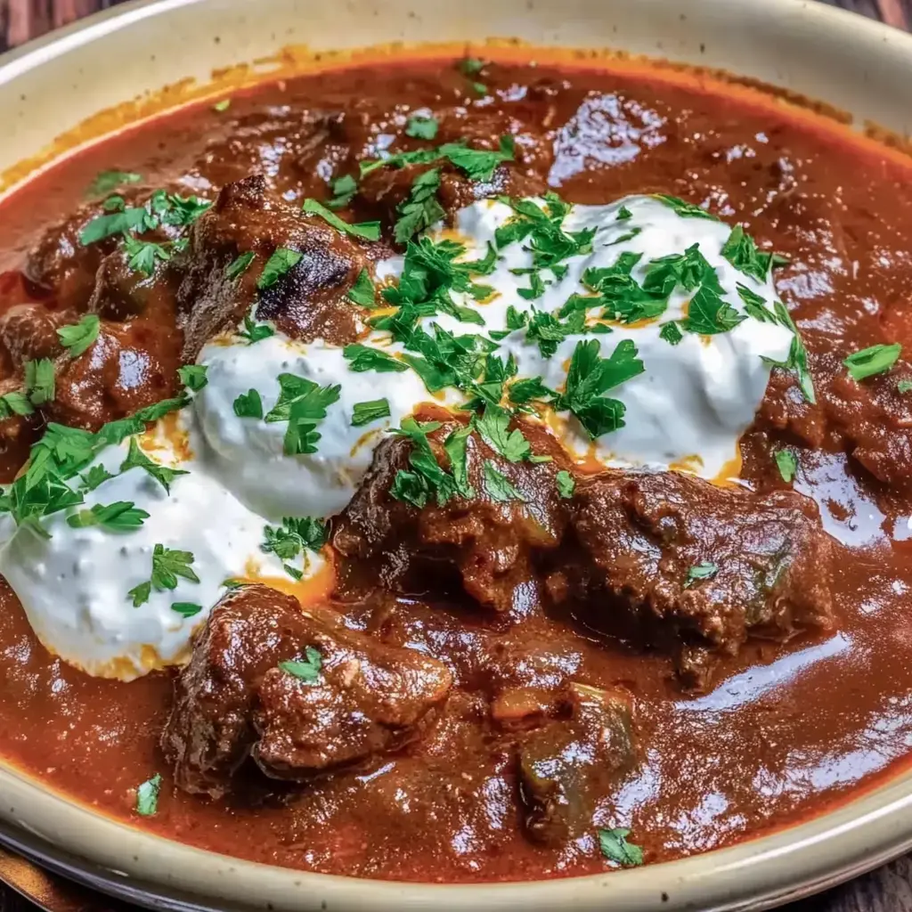A plate of soft beef in a bold, rich sauce topped with fresh cilantro and a dollop of cream.