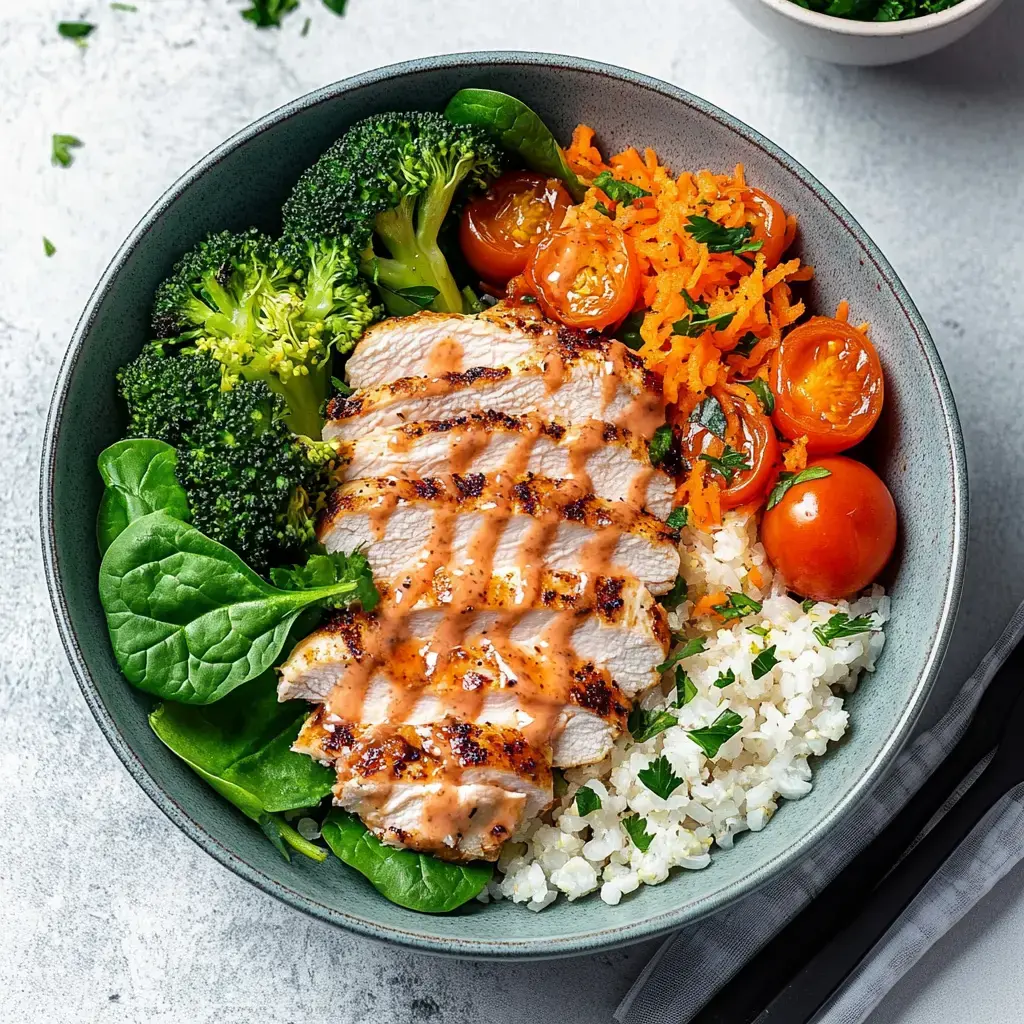 A bowl filled with grilled chicken, broccoli, fresh spinach, shredded carrots, cherry tomatoes, and cauliflower rice, all topped with a creamy sauce.