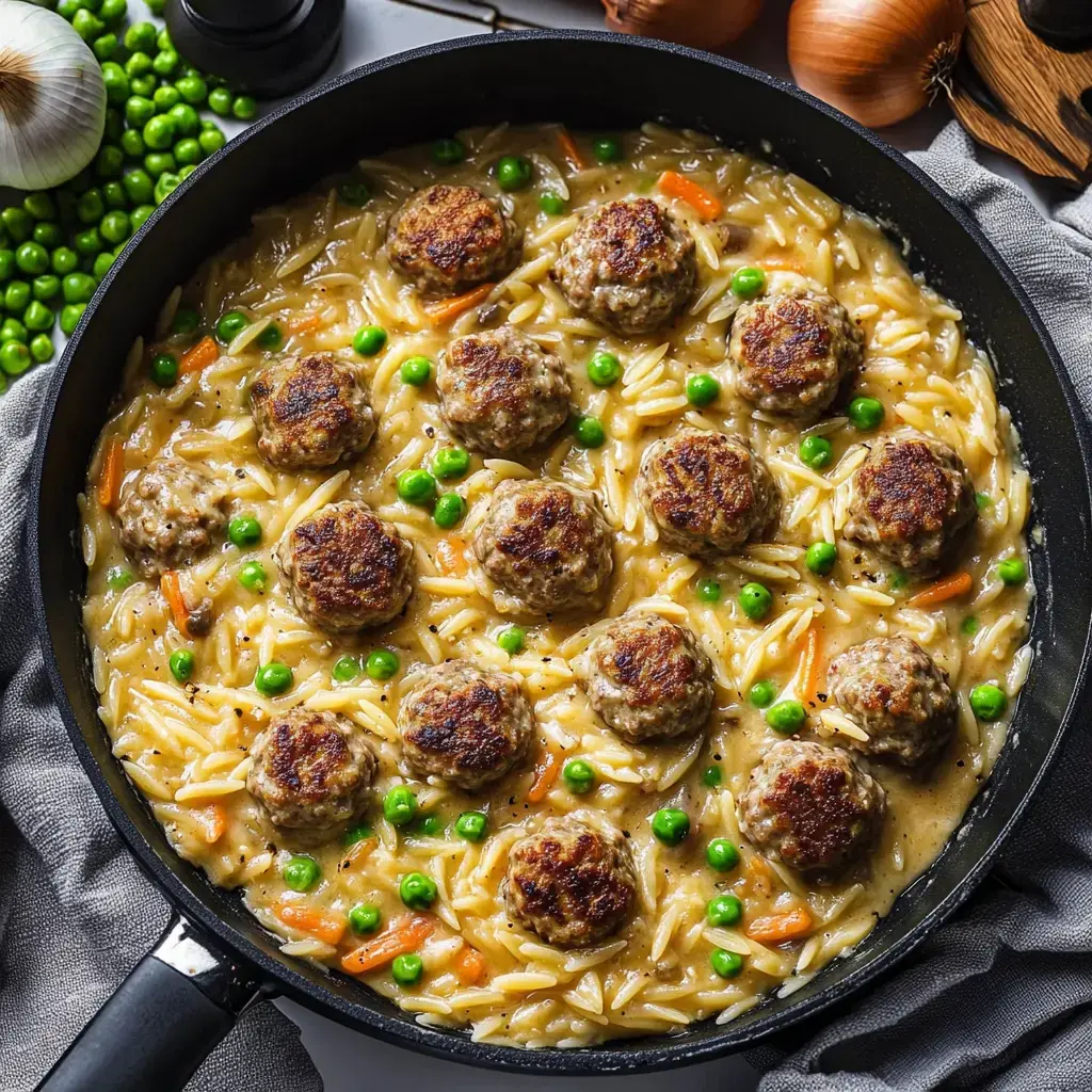 A pan of meatballs with rice, peas, and carrots in a creamy sauce.