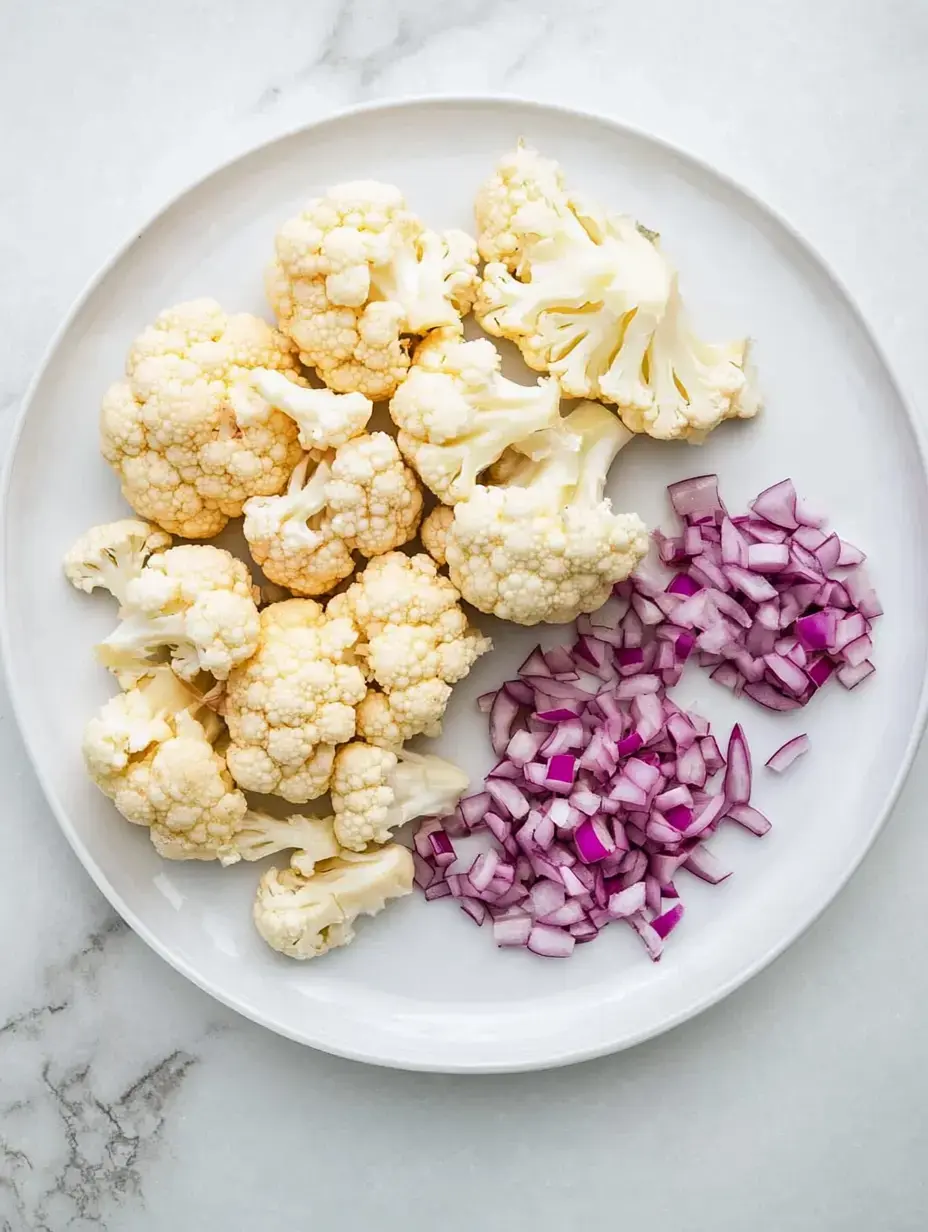 A plate featuring cauliflower florets with diced red onions.