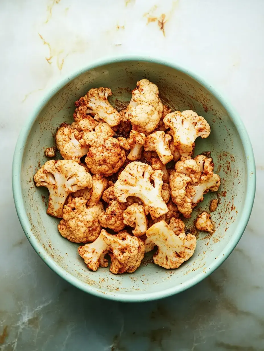 A bowl of spice-roasted cauliflower on a marbled surface.