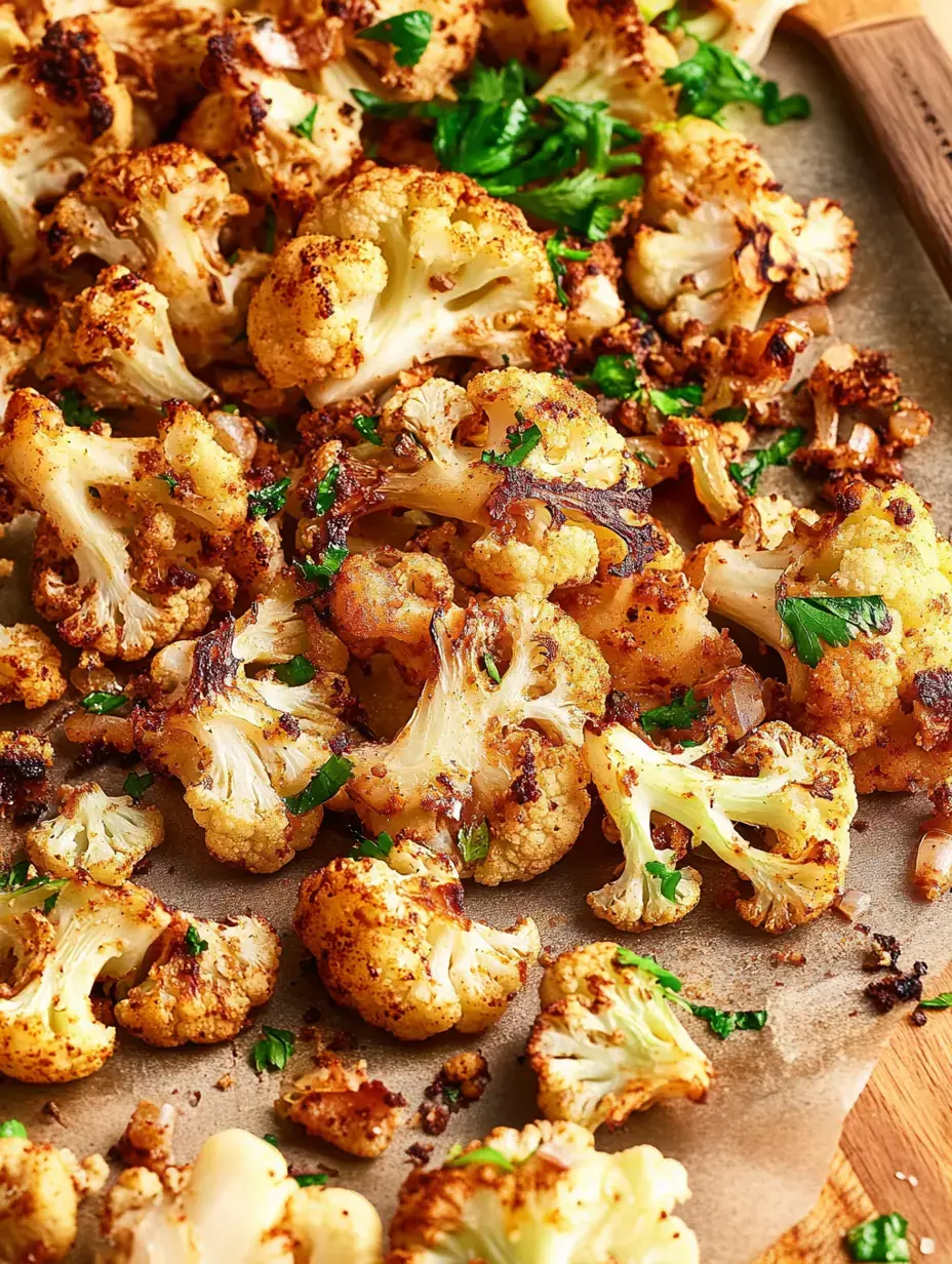 Roasted cauliflower with fresh cilantro on parchment paper.