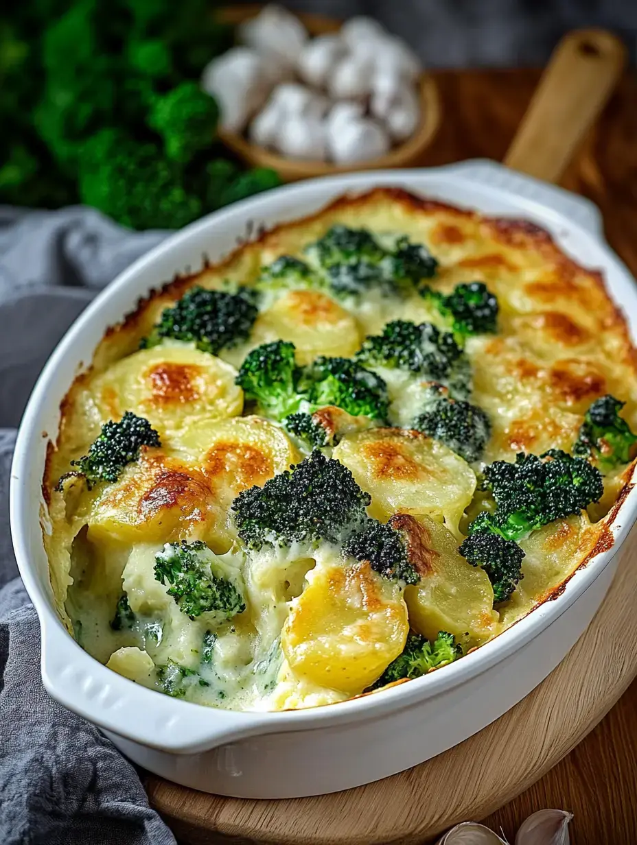 A baked dish with potatoes and broccoli topped with a rich cheesy sauce.