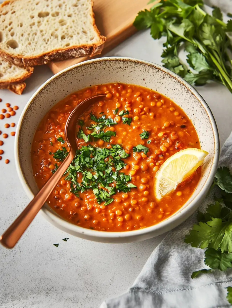 A bowl of lentil soup topped with fresh cilantro and lemon slice, served with bread and fresh herbs on the side.