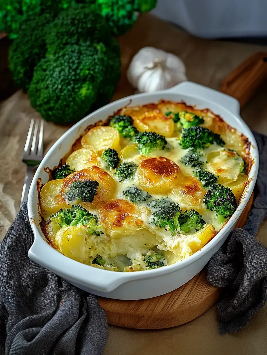 A potato and broccoli casserole with golden cheese topping, served in a white baking dish.