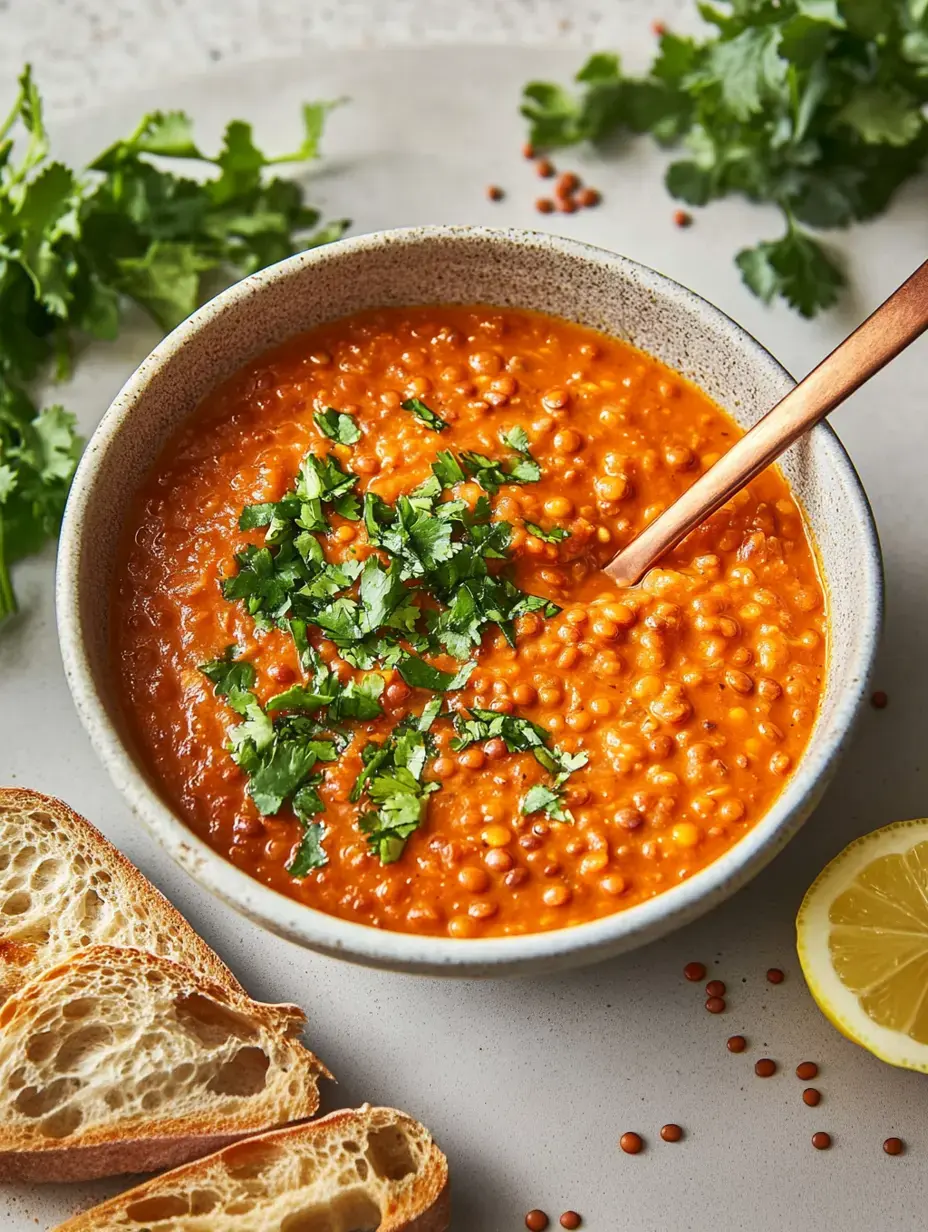 A bowl of red lentil soup with cilantro on top, bread slices and lemon wedge circling it.
