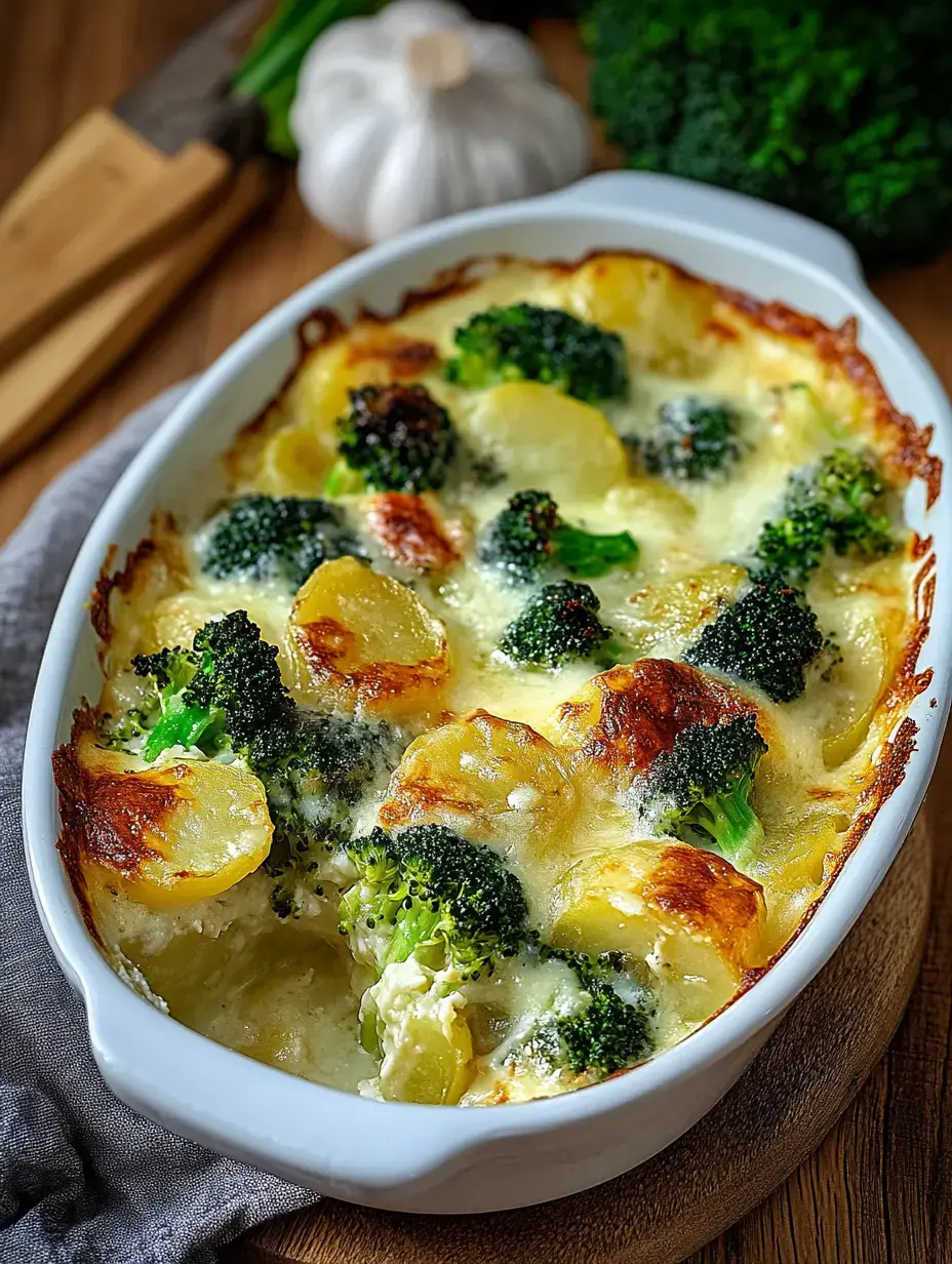 A baked dish containing potatoes and broccoli shown in a white casserole dish.