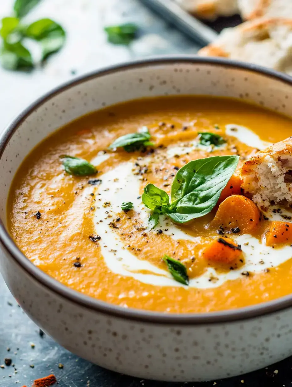 A bowl filled with bright carrot-orange soup, topped with basil and a drizzle of cream, set next to chunks of bread on a table.