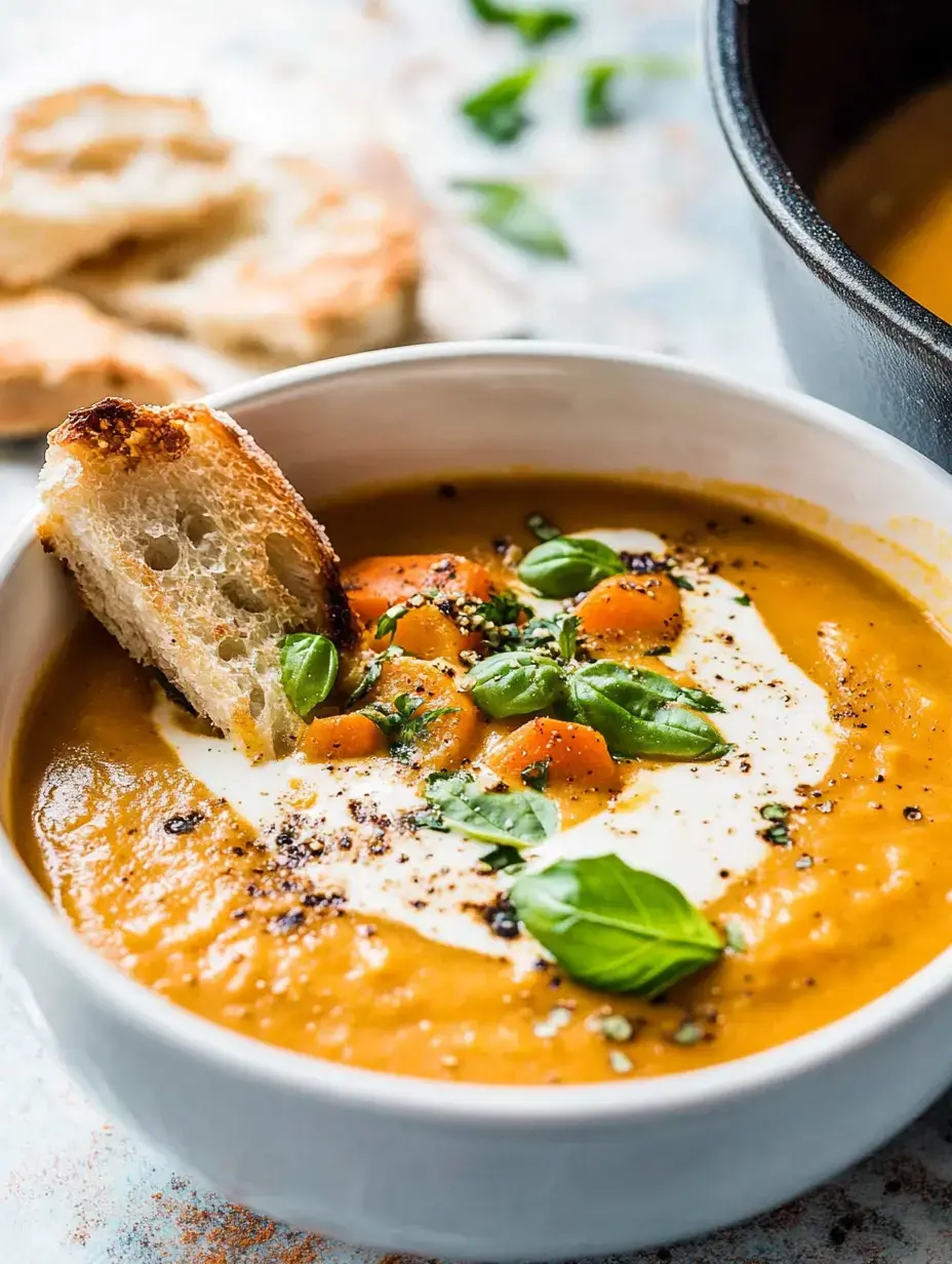 A bowl of pumpkin-orange creamy soup topped with fresh basil, a swirl of cream, and a slice of bread on the side.