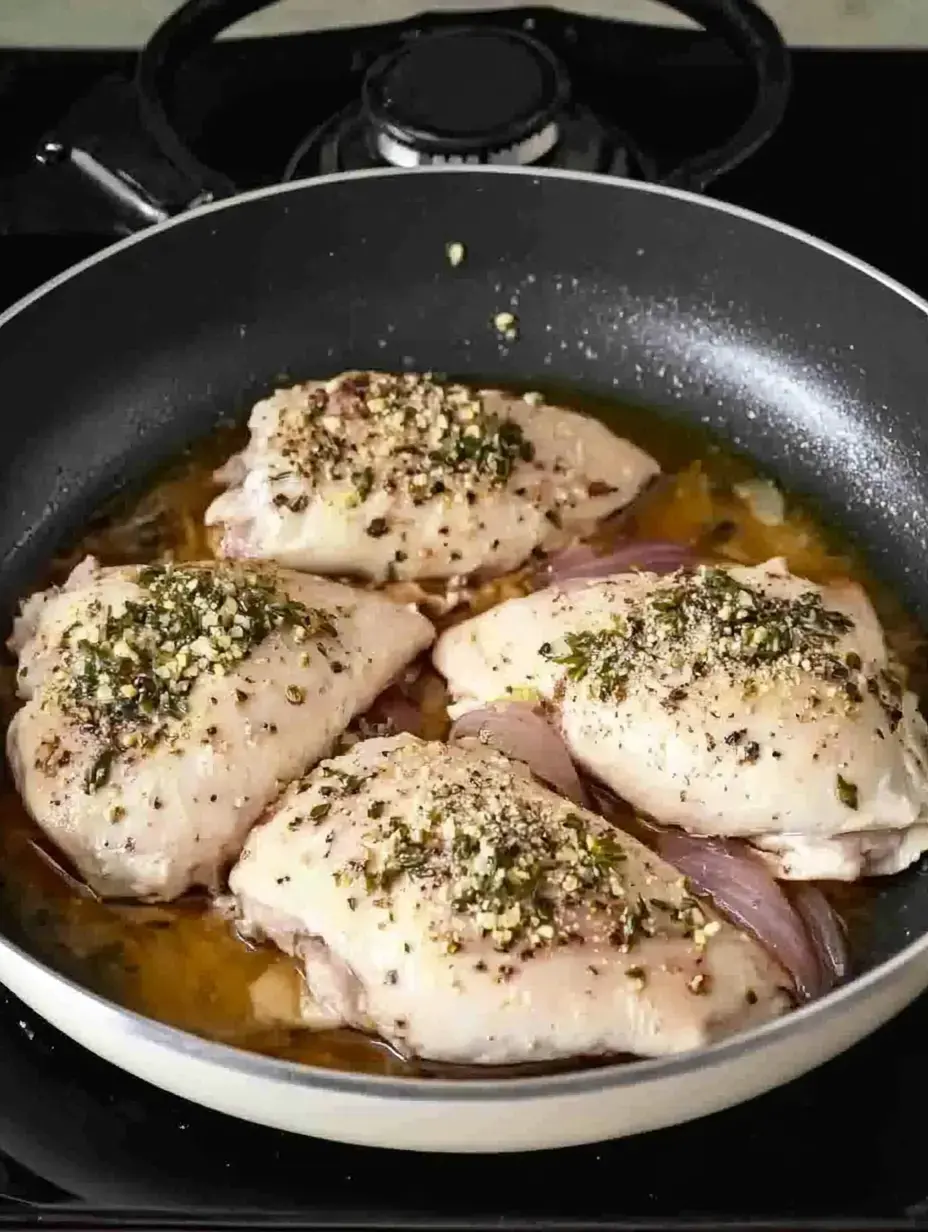 Four chicken breast pieces sizzle in a pan with seasonings and chunks of onion.