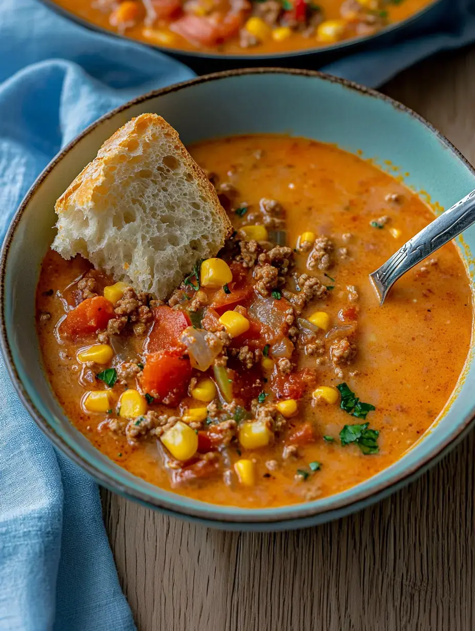 A bowl of hearty stew packed with ground meat, corn, tomatoes, and fresh herbs, plus a chunk of bread ready for dipping.