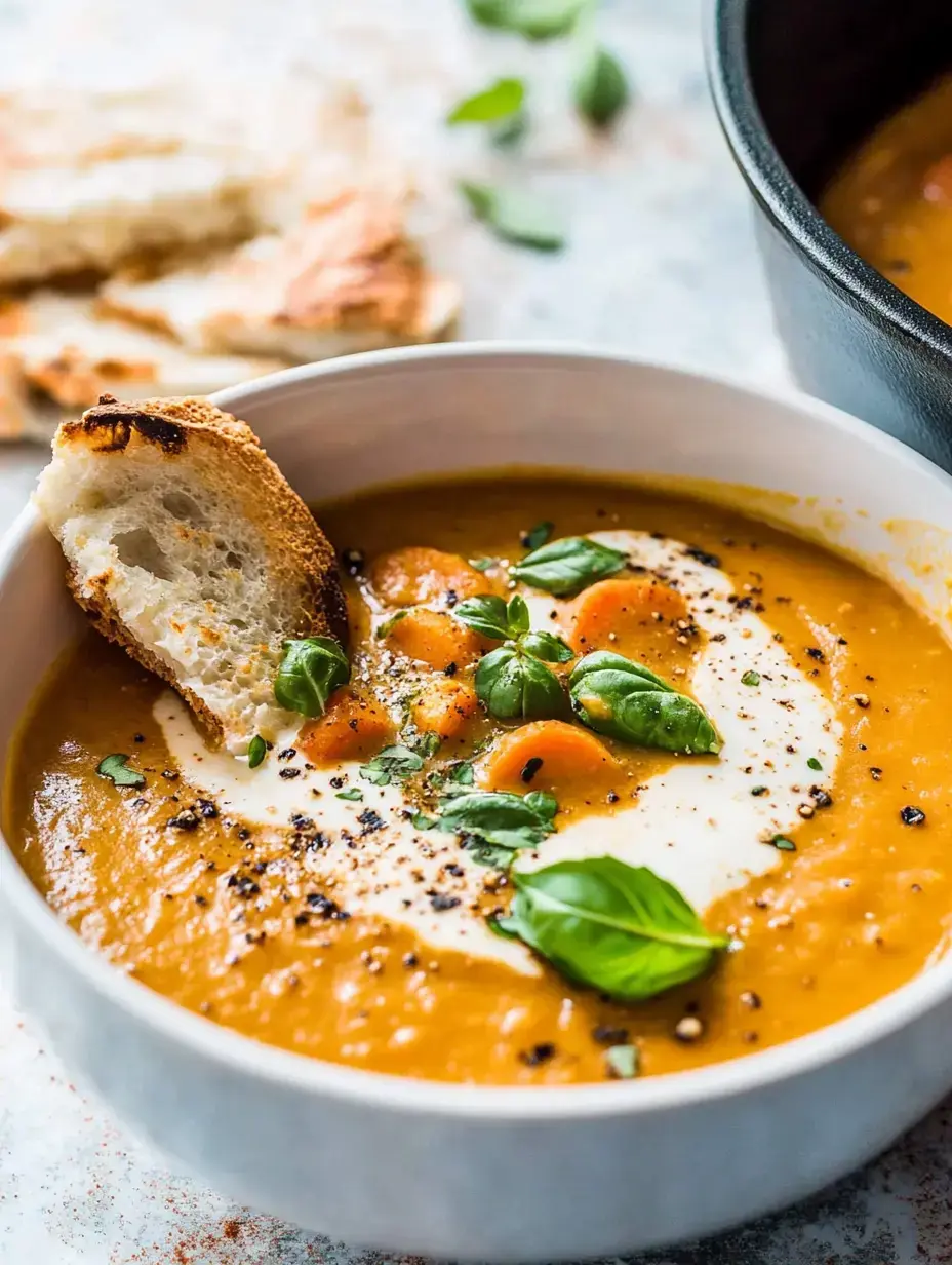 A bowl of pumpkin soup with basil leaves, a dollop of cream, and a slice of crispy toasted bread up front.