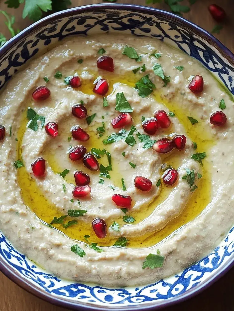 A dish of hummus, topped with pomegranate seeds, fresh cilantro, and a splash of olive oil.