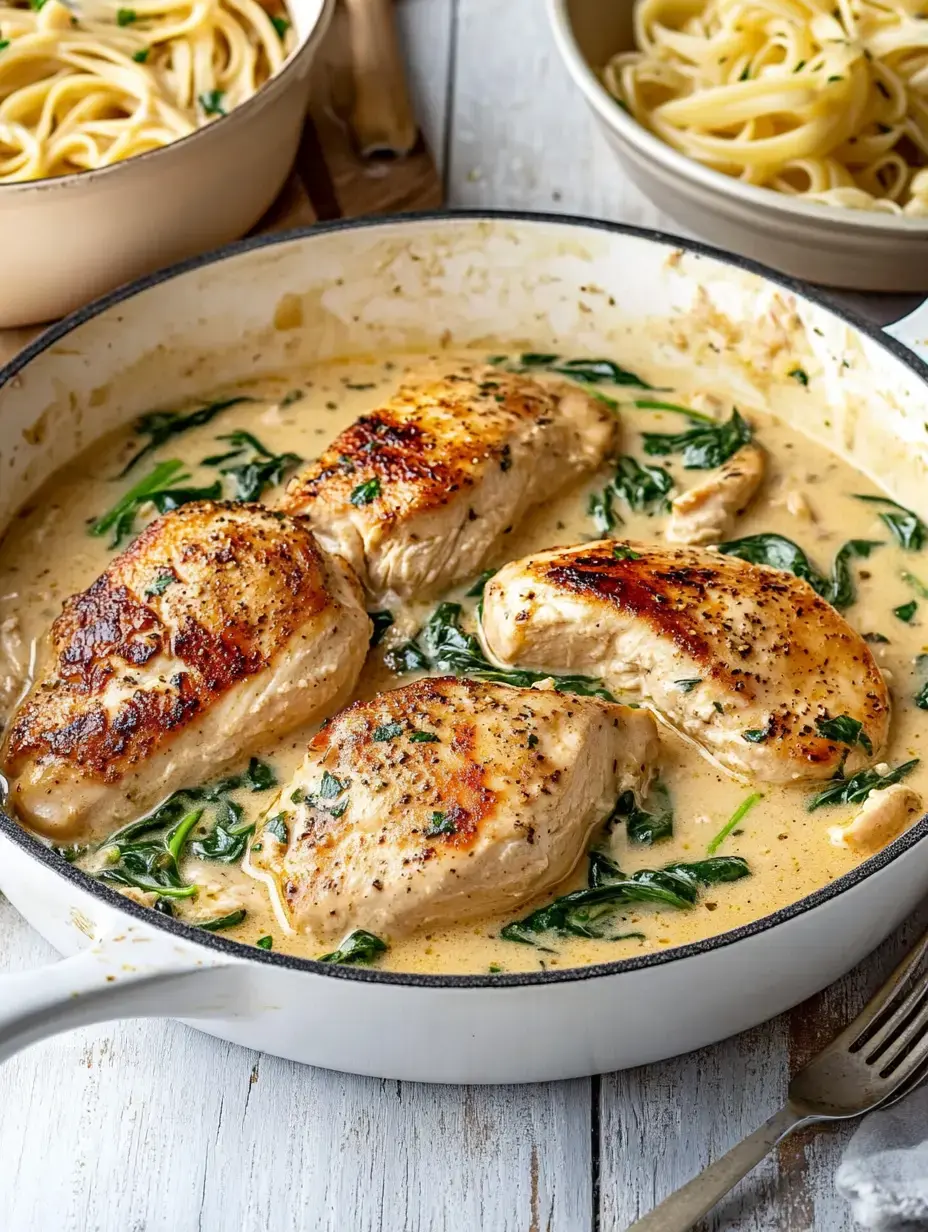 A pan containing chicken breast fillets in a creamy sauce surrounded by spinach, with two bowls of spaghetti in the background.