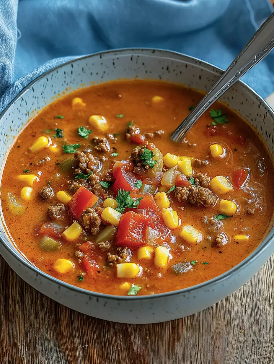 A bowl brimming with chunky soup, packed with ground meat, tomatoes, corn, and fresh herbs.