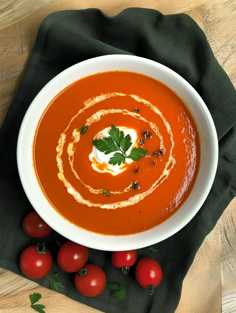 A bowl of red tomato soup with a swirl of cream, some parsley, and little tomatoes all around.
