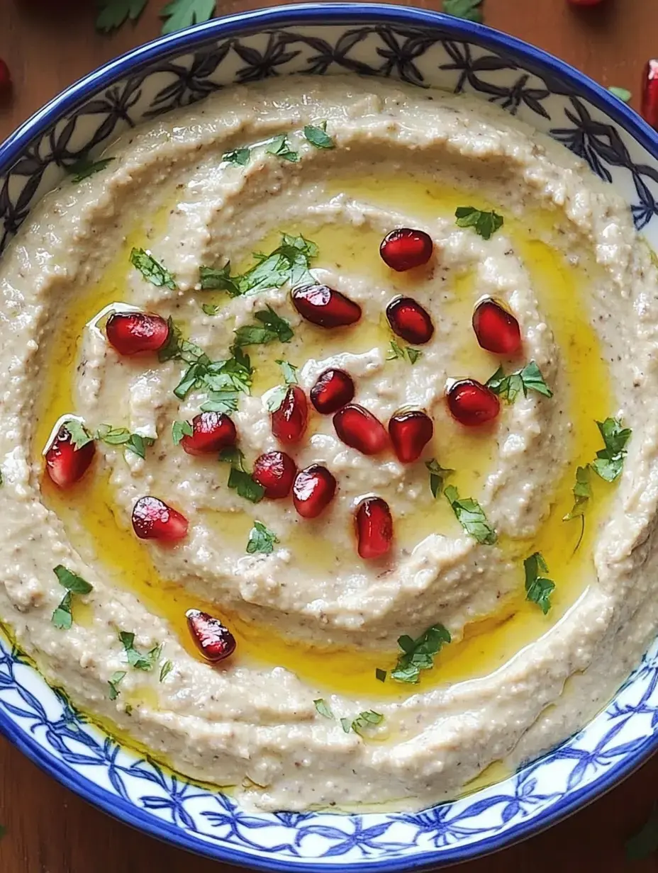 A bowl of Baba Ghanoush topped with olive oil, pomegranate seeds, and fresh cilantro.