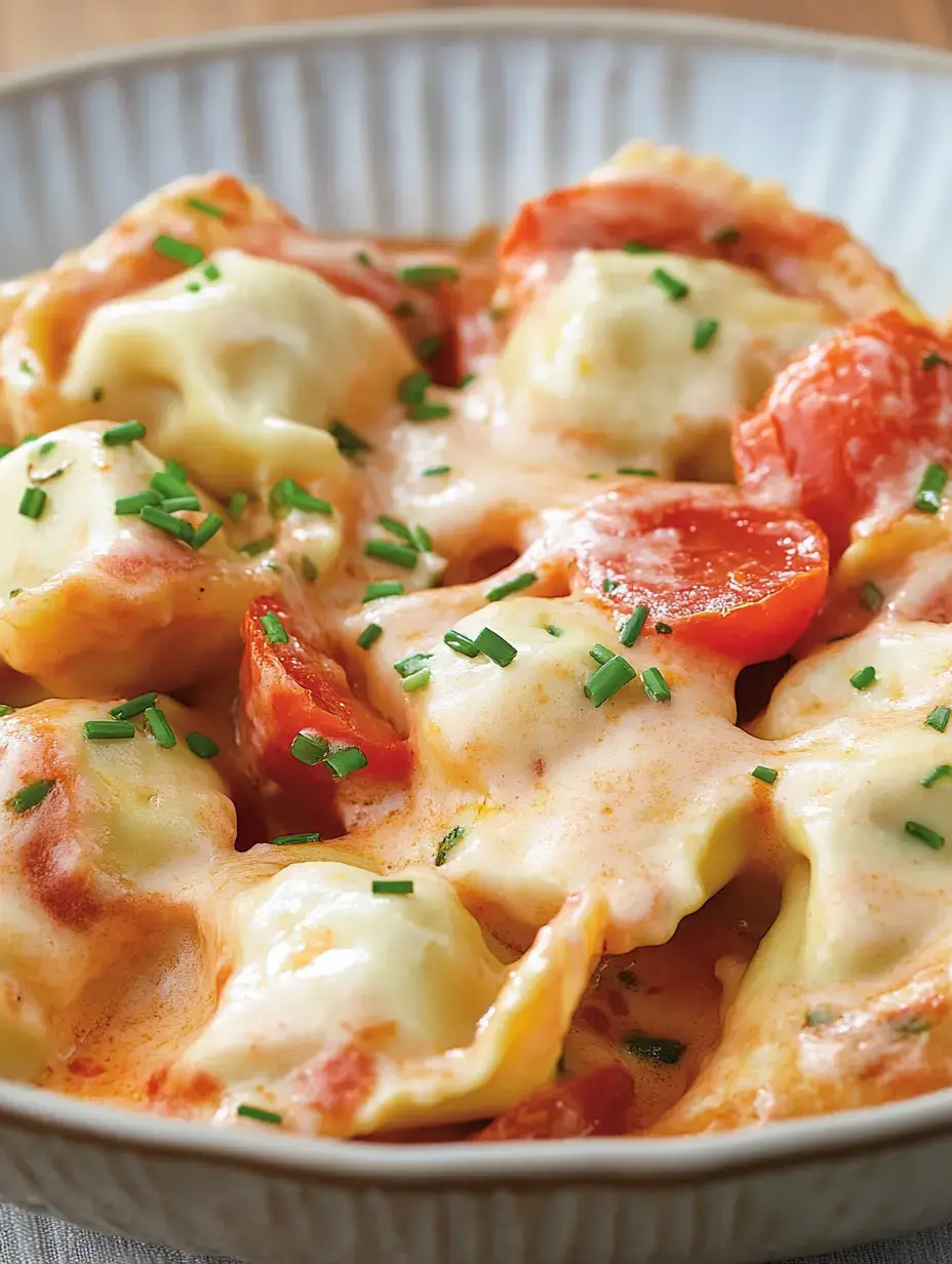 A plate of stuffed pasta with melted cheese and cherry tomatoes, topped with chives.