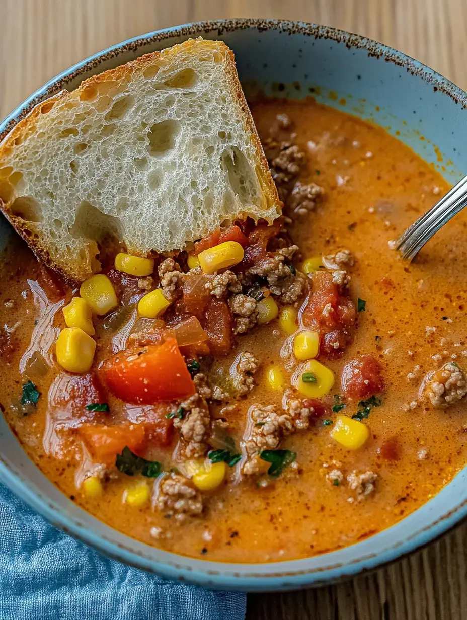 A comforting bowl filled with chunky soup—ground meat, tomatoes, corn, fresh herbs—all with a big slice of bread on the side.