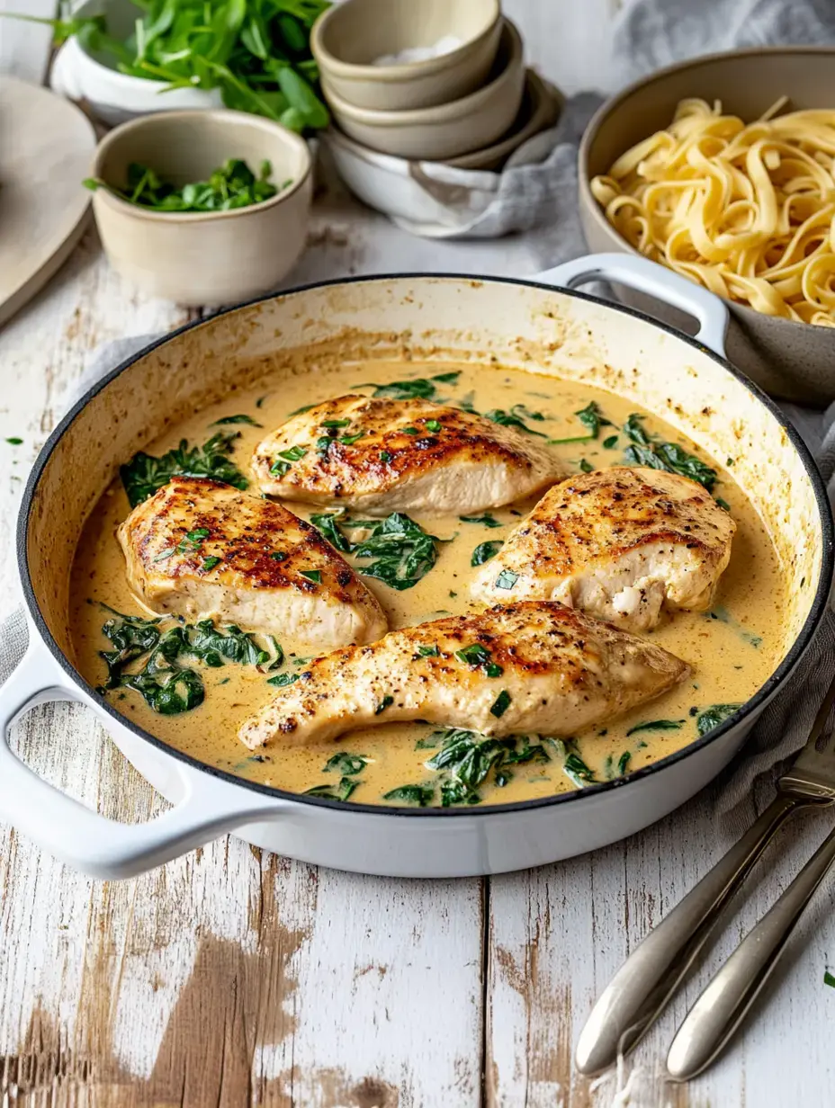 A pot with sautéed chicken breast fillets in a creamy spinach sauce, surrounded by fresh vegetables and a bowl of pasta.
