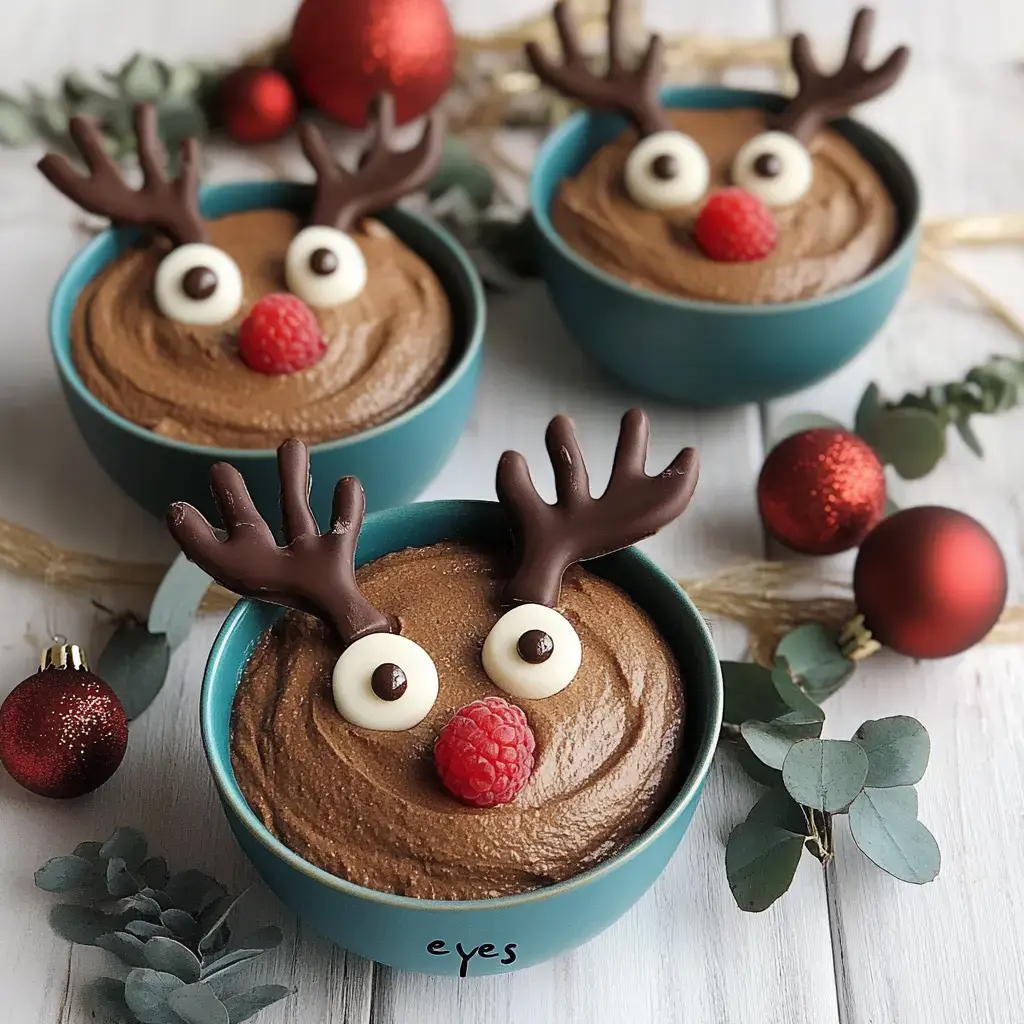 Three bowls filled with chocolate mousse, dressed up as reindeer with chocolate antlers, whipped cream, and raspberry noses in a cozy holiday setup.