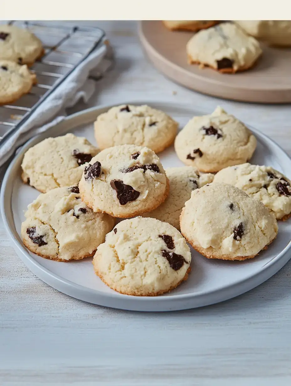A plate stacked with freshly baked cookies studded with chocolate bits.